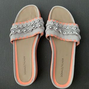 Donald J Pliner gray suede and coral slides, Sz 9N